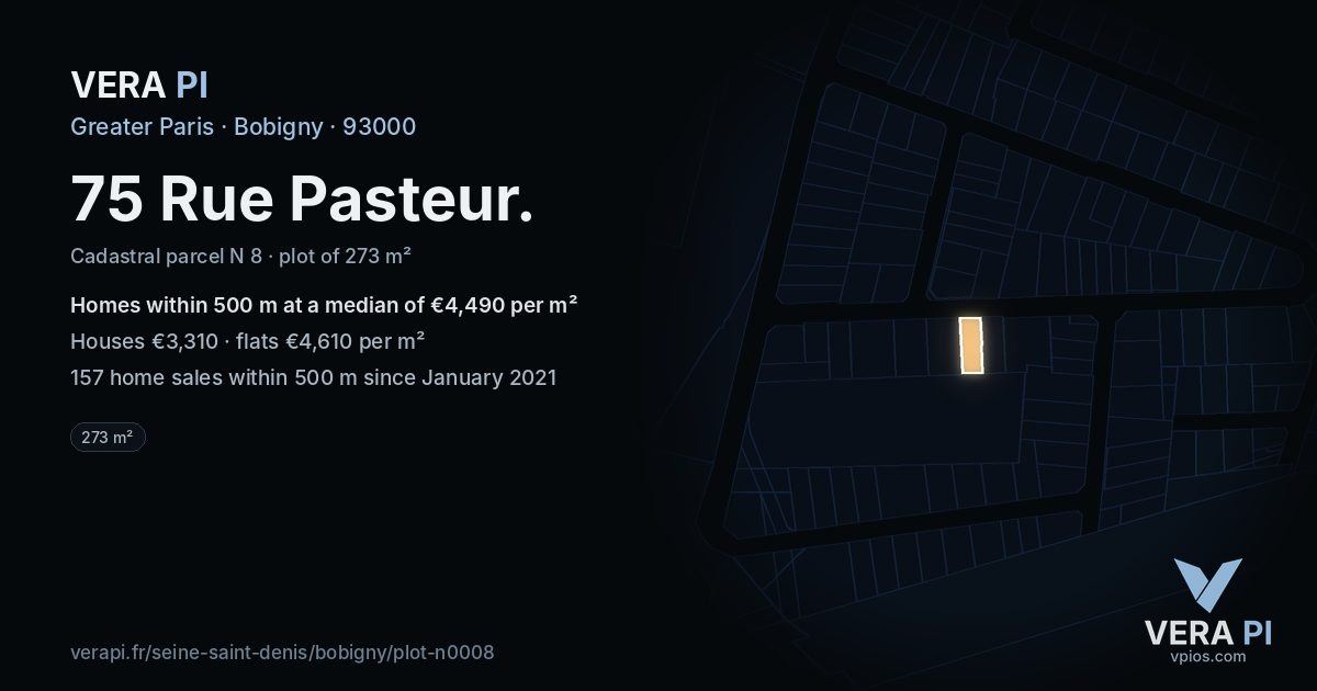 75 Rue Pasteur, Bobigny at night – the plot lit, the parcels around coloured by the prices near them