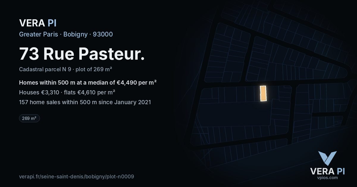 73 Rue Pasteur, Bobigny at night – the plot lit, the parcels around coloured by the prices near them