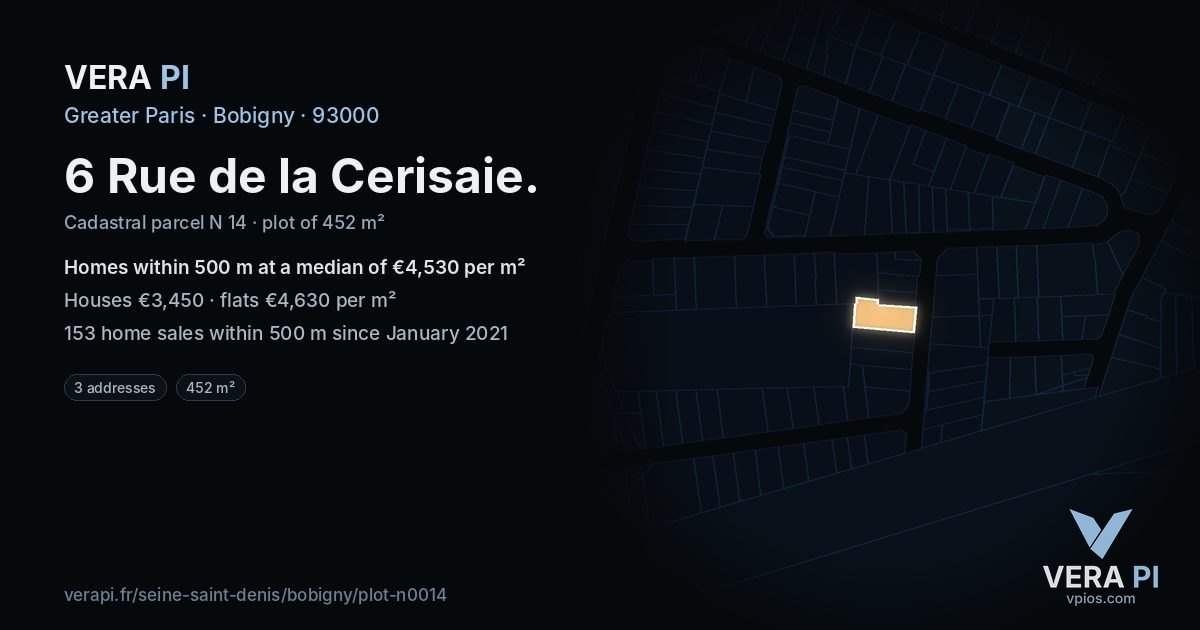 6 Rue de la Cerisaie, Bobigny at night – the plot lit, the parcels around coloured by the prices near them