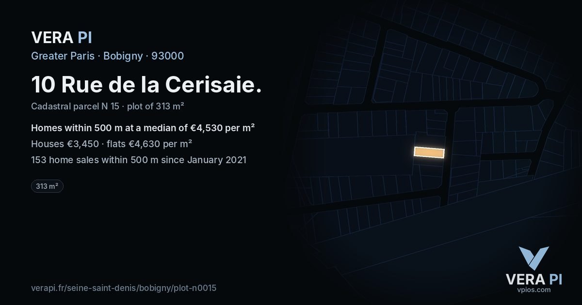10 Rue de la Cerisaie, Bobigny at night – the plot lit, the parcels around coloured by the prices near them