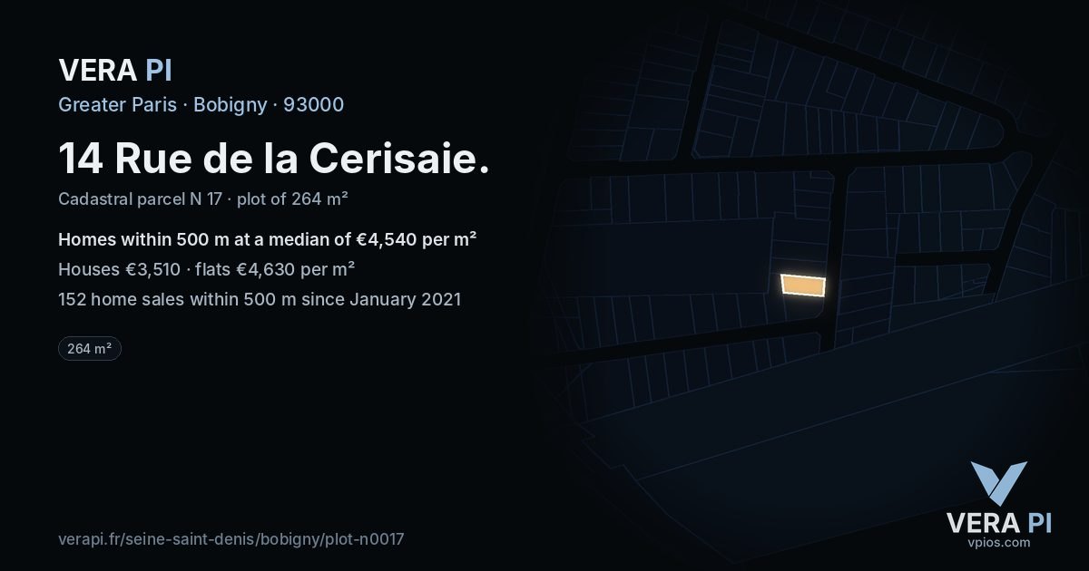 14 Rue de la Cerisaie, Bobigny at night – the plot lit, the parcels around coloured by the prices near them