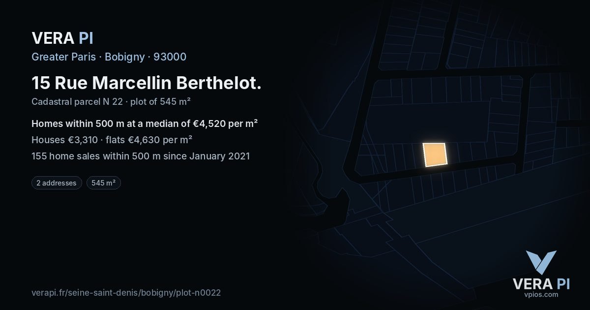 15 Rue Marcellin Berthelot, Bobigny at night – the plot lit, the parcels around coloured by the prices near them
