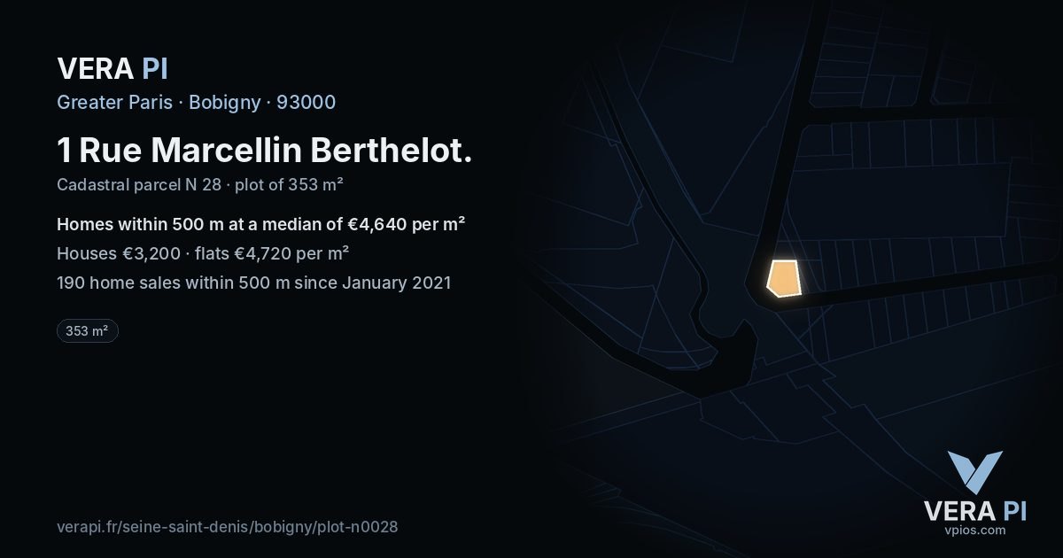 1 Rue Marcellin Berthelot, Bobigny at night – the plot lit, the parcels around coloured by the prices near them