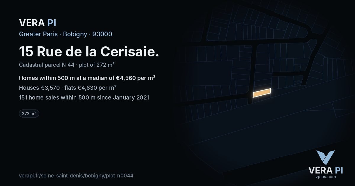 15 Rue de la Cerisaie, Bobigny at night – the plot lit, the parcels around coloured by the prices near them