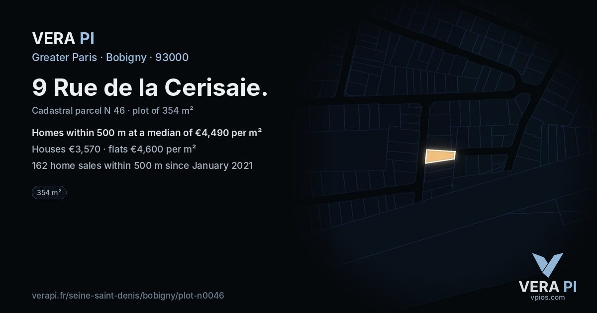 9 Rue de la Cerisaie, Bobigny at night – the plot lit, the parcels around coloured by the prices near them