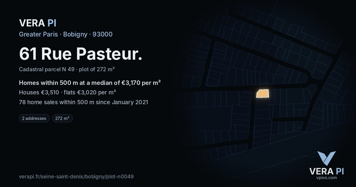 61 Rue Pasteur, Bobigny at night – the plot lit, the parcels around coloured by the prices near them