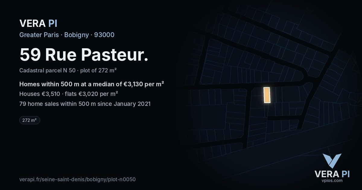 59 Rue Pasteur, Bobigny at night – the plot lit, the parcels around coloured by the prices near them