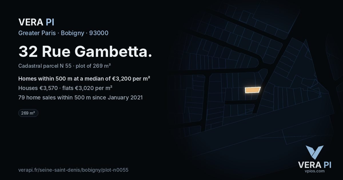 32 Rue Gambetta, Bobigny at night – the plot lit, the parcels around coloured by the prices near them