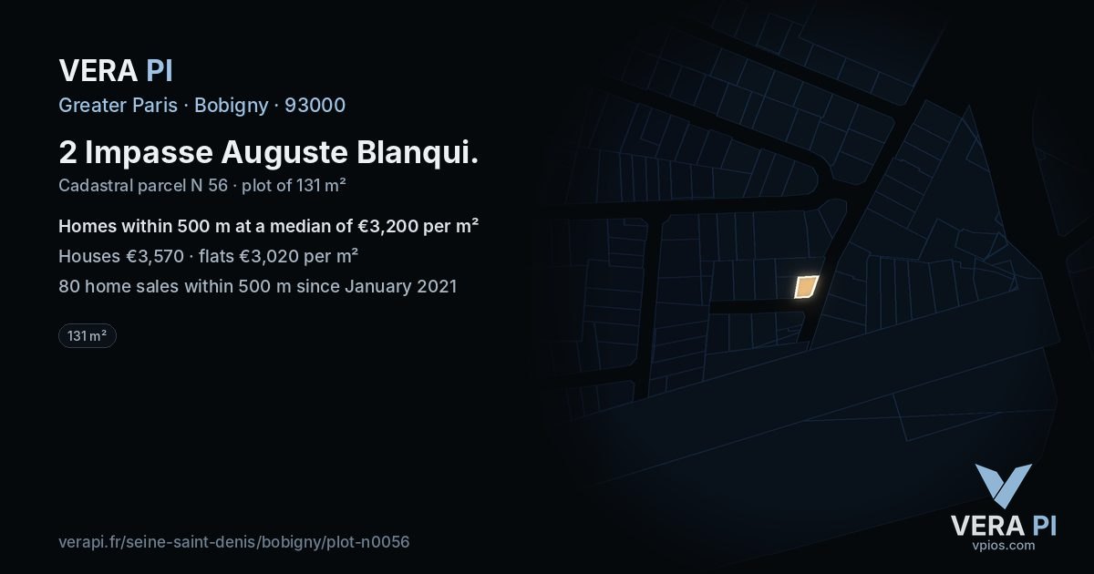 2 Impasse Auguste Blanqui, Bobigny at night – the plot lit, the parcels around coloured by the prices near them