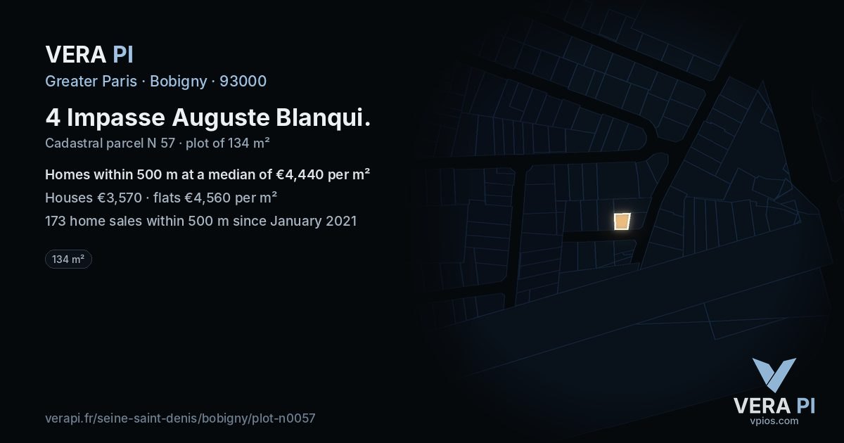 4 Impasse Auguste Blanqui, Bobigny at night – the plot lit, the parcels around coloured by the prices near them