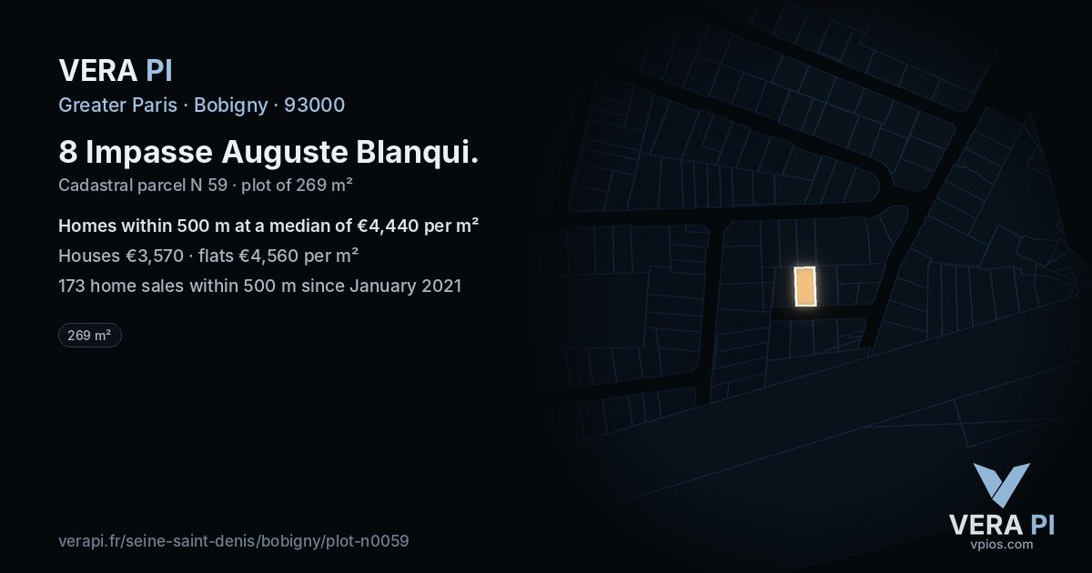 8 Impasse Auguste Blanqui, Bobigny at night – the plot lit, the parcels around coloured by the prices near them