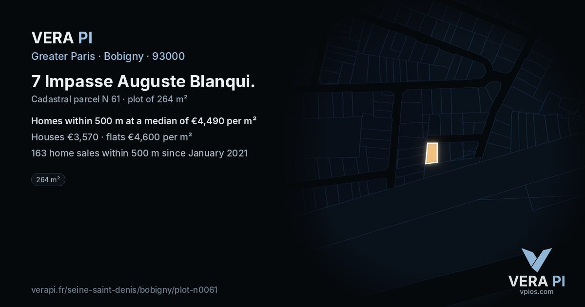 7 Impasse Auguste Blanqui, Bobigny at night – the plot lit, the parcels around coloured by the prices near them