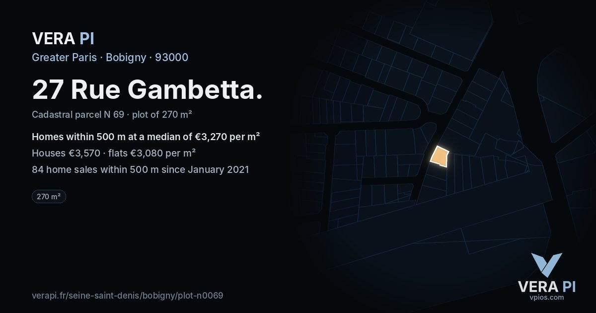 27 Rue Gambetta, Bobigny at night – the plot lit, the parcels around coloured by the prices near them