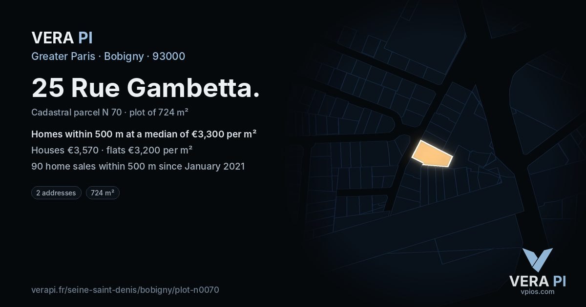 25 Rue Gambetta, Bobigny at night – the plot lit, the parcels around coloured by the prices near them