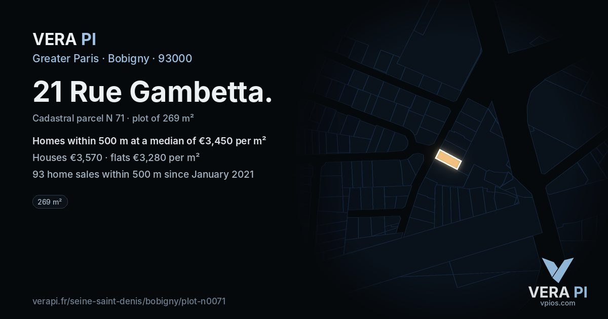 21 Rue Gambetta, Bobigny at night – the plot lit, the parcels around coloured by the prices near them