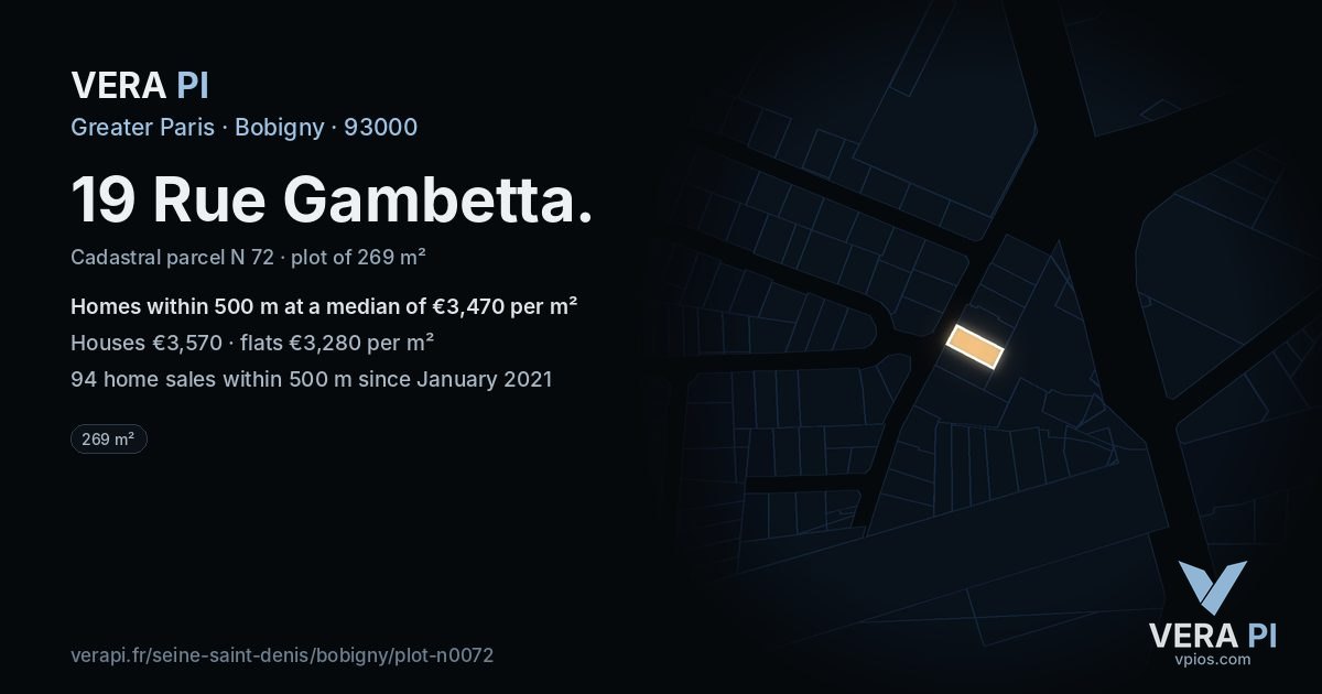 19 Rue Gambetta, Bobigny at night – the plot lit, the parcels around coloured by the prices near them