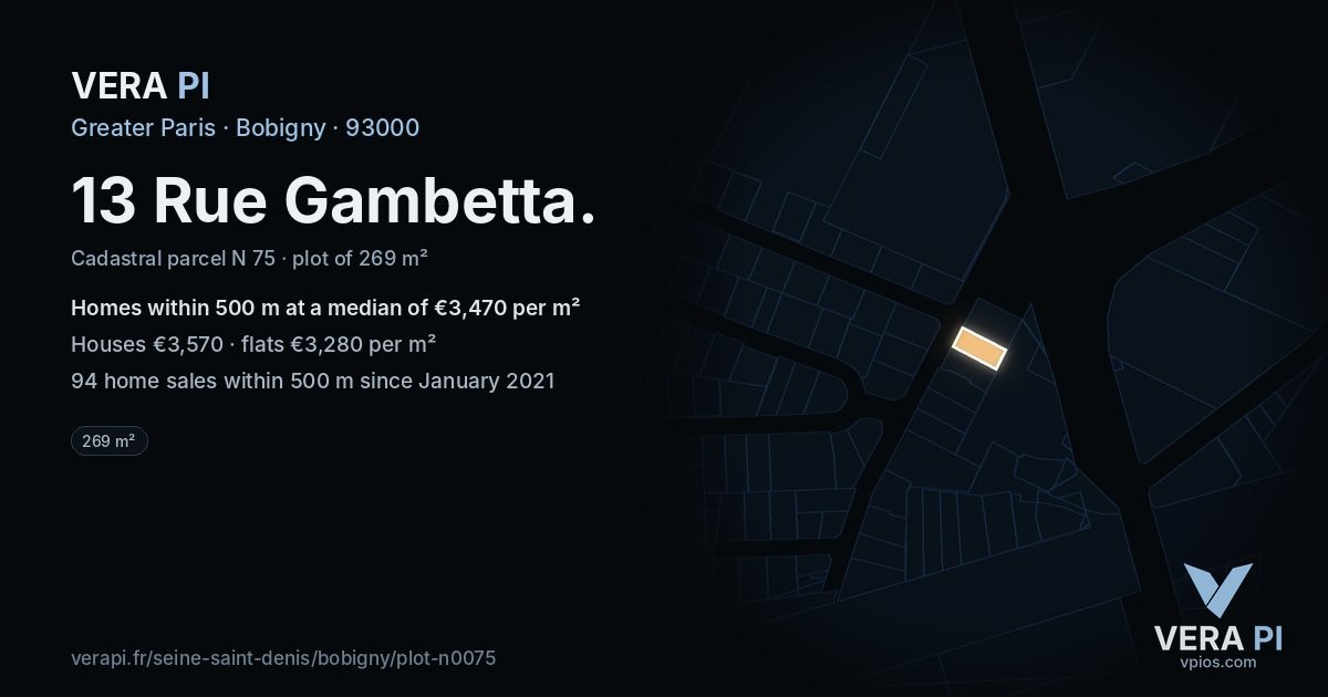 13 Rue Gambetta, Bobigny at night – the plot lit, the parcels around coloured by the prices near them