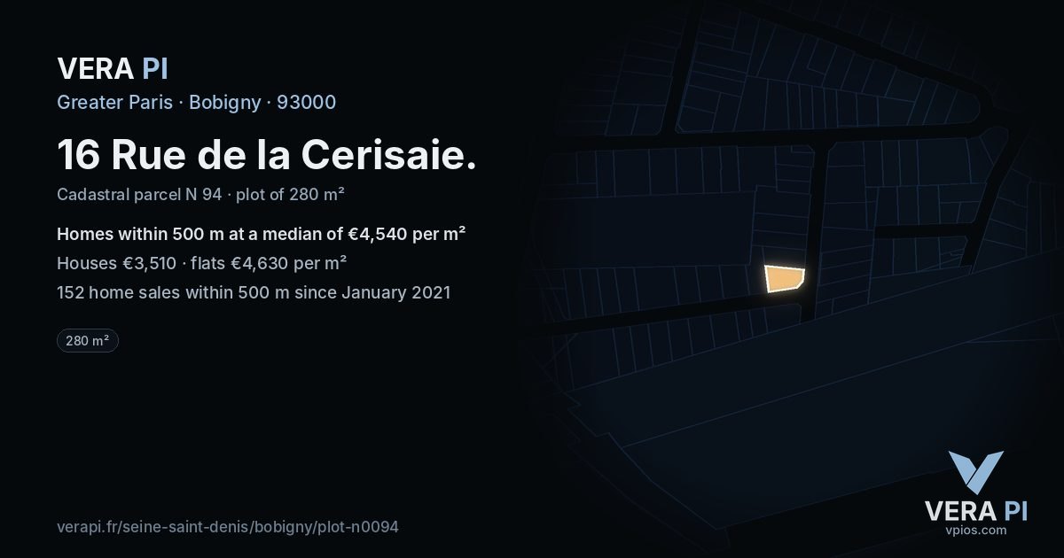16 Rue de la Cerisaie, Bobigny at night – the plot lit, the parcels around coloured by the prices near them
