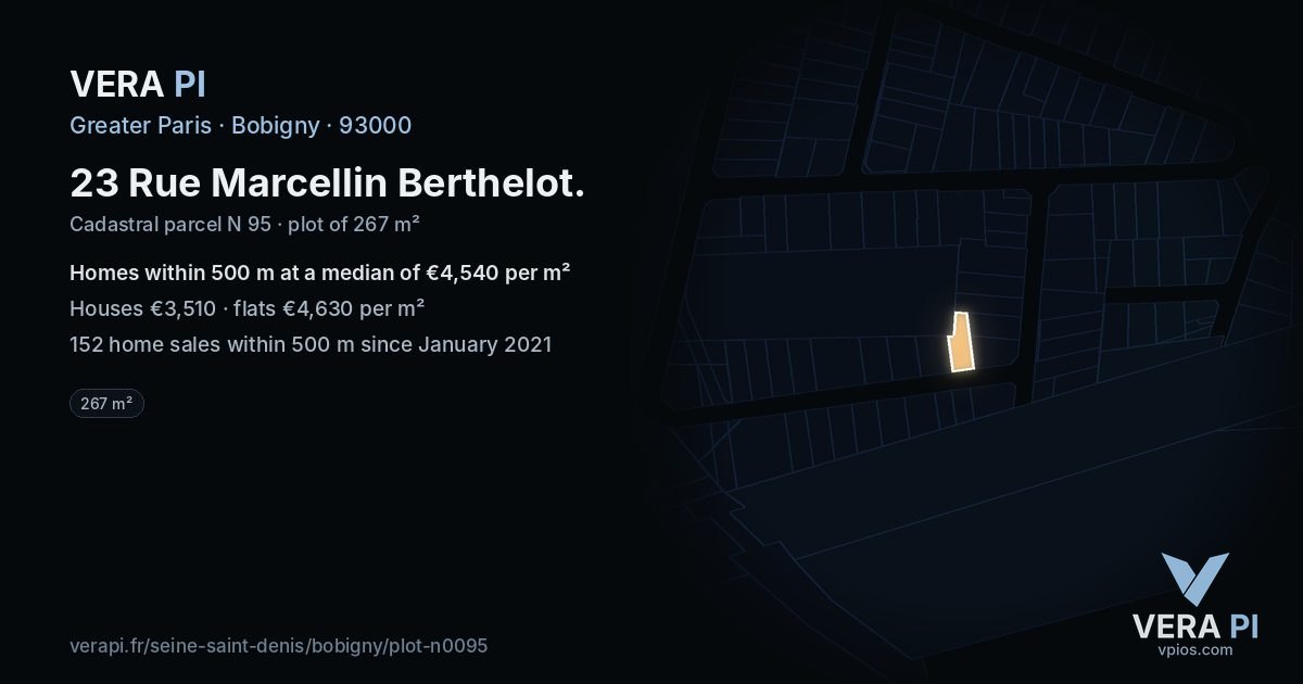 23 Rue Marcellin Berthelot, Bobigny at night – the plot lit, the parcels around coloured by the prices near them