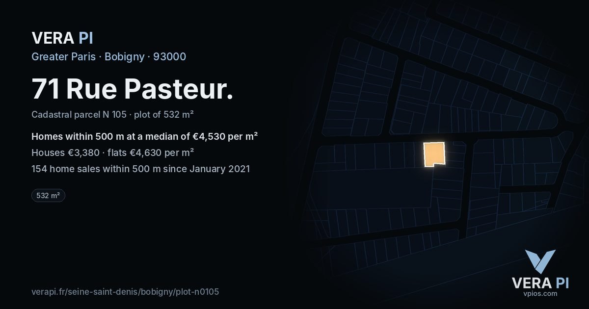 71 Rue Pasteur, Bobigny at night – the plot lit, the parcels around coloured by the prices near them