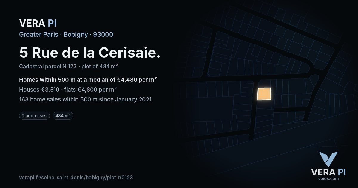 5 Rue de la Cerisaie, Bobigny at night – the plot lit, the parcels around coloured by the prices near them