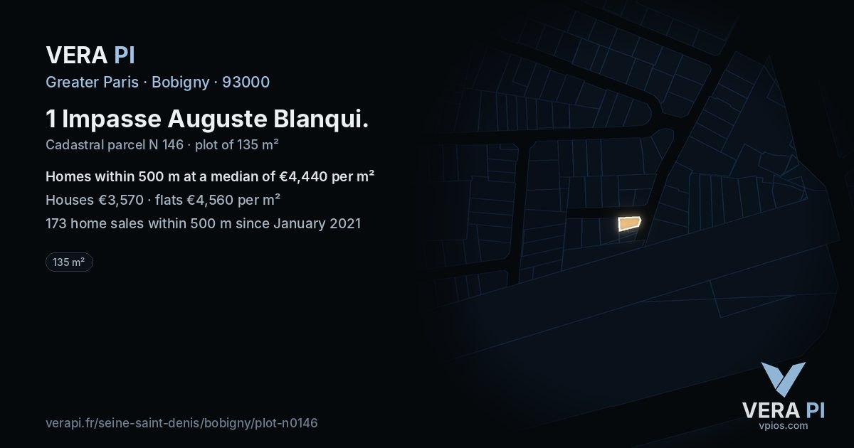 1 Impasse Auguste Blanqui, Bobigny at night – the plot lit, the parcels around coloured by the prices near them