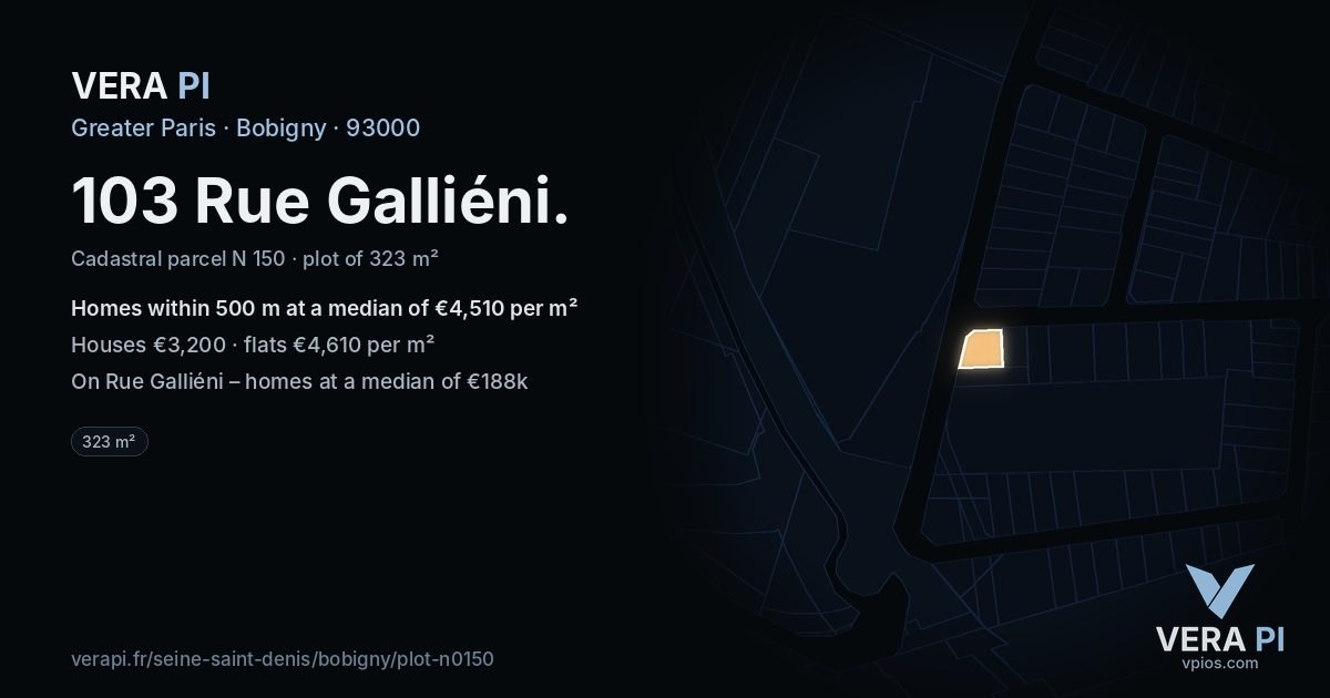 103 Rue Galliéni, Bobigny at night – the plot lit, the parcels around coloured by the prices near them