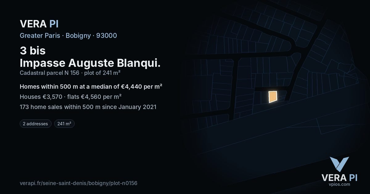 3 bis Impasse Auguste Blanqui, Bobigny at night – the plot lit, the parcels around coloured by the prices near them