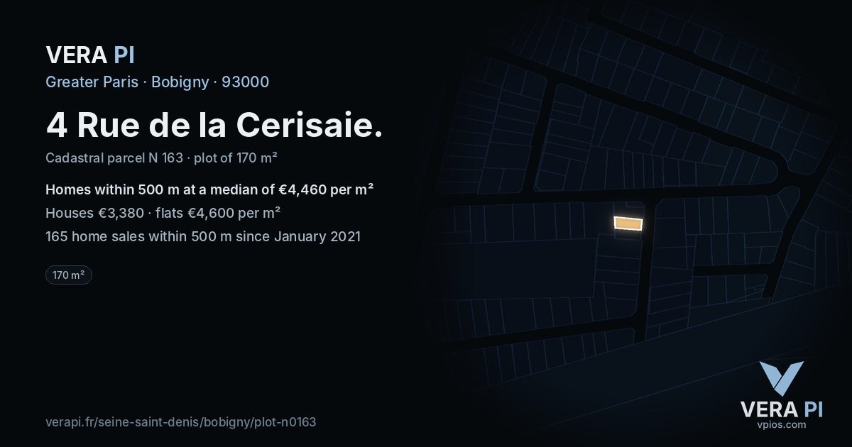 4 Rue de la Cerisaie, Bobigny at night – the plot lit, the parcels around coloured by the prices near them