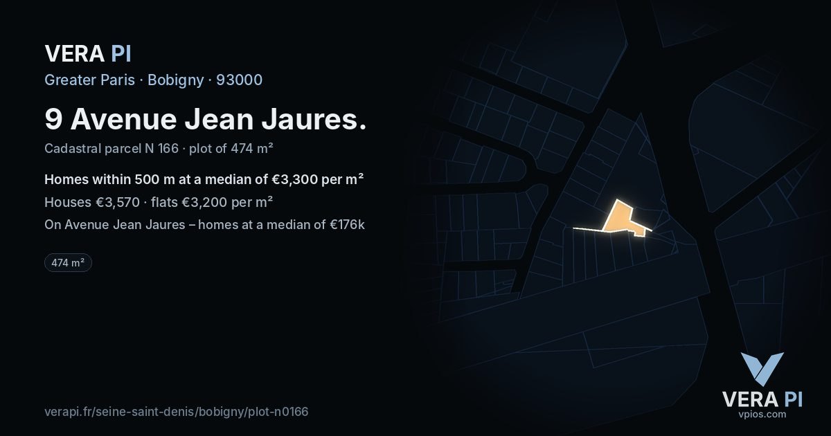 9 Avenue Jean Jaures, Bobigny at night – the plot lit, the parcels around coloured by the prices near them