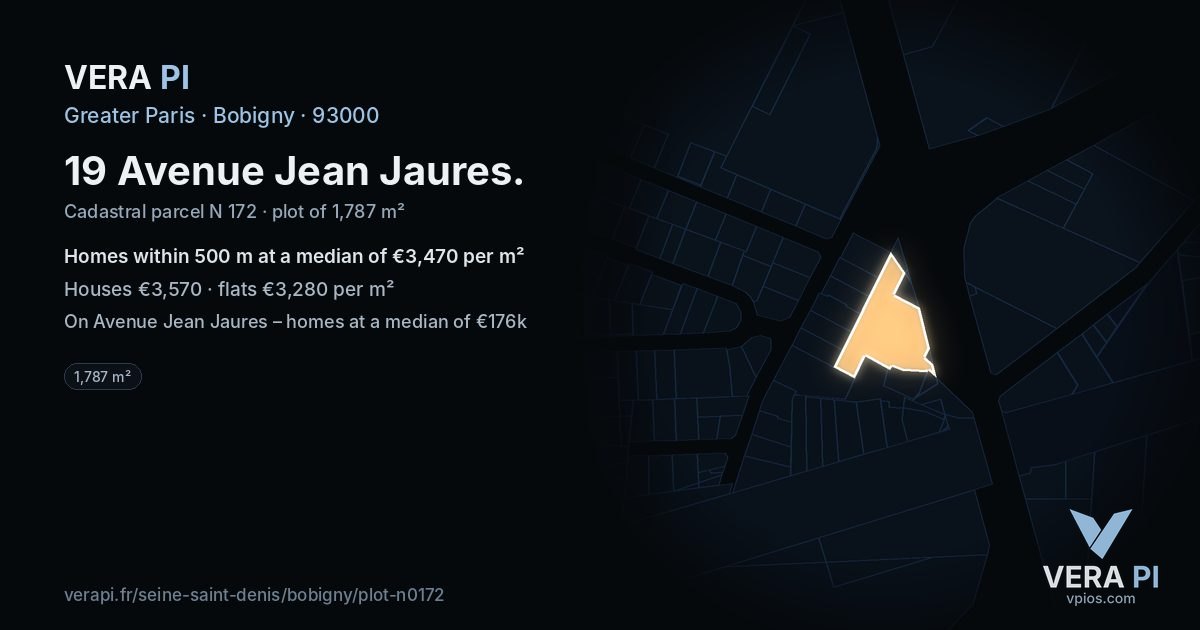 19 Avenue Jean Jaures, Bobigny at night – the plot lit, the parcels around coloured by the prices near them