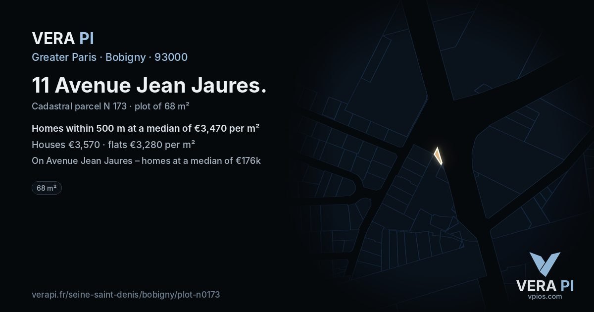11 Avenue Jean Jaures, Bobigny at night – the plot lit, the parcels around coloured by the prices near them