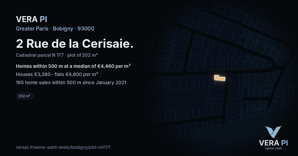2 Rue de la Cerisaie, Bobigny at night – the plot lit, the parcels around coloured by the prices near them