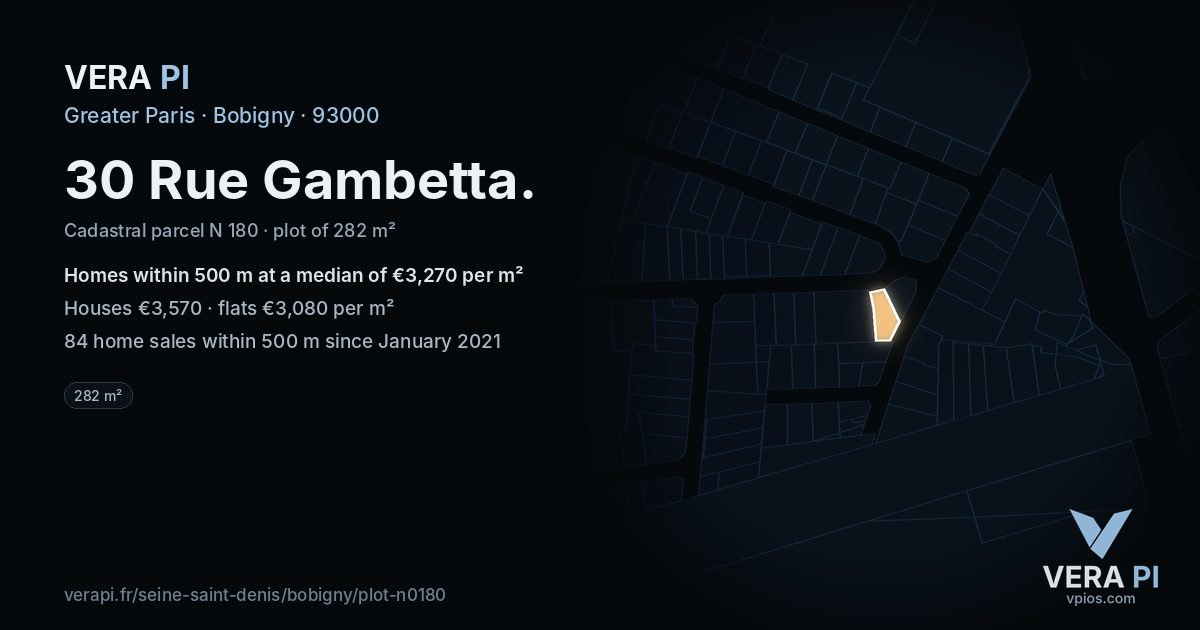 30 Rue Gambetta, Bobigny at night – the plot lit, the parcels around coloured by the prices near them