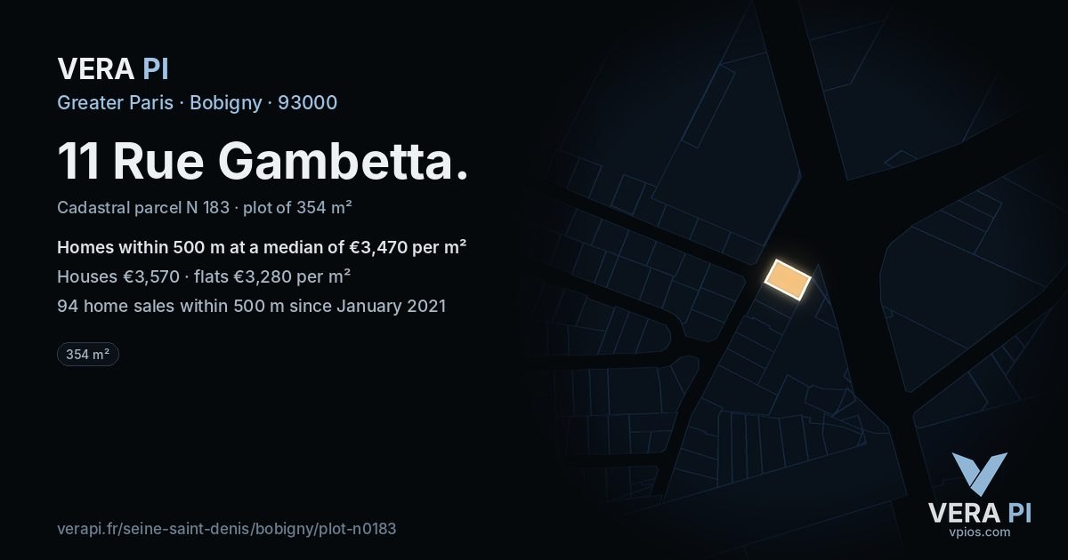 11 Rue Gambetta, Bobigny at night – the plot lit, the parcels around coloured by the prices near them