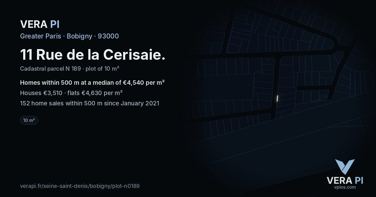 11 Rue de la Cerisaie, Bobigny at night – the plot lit, the parcels around coloured by the prices near them