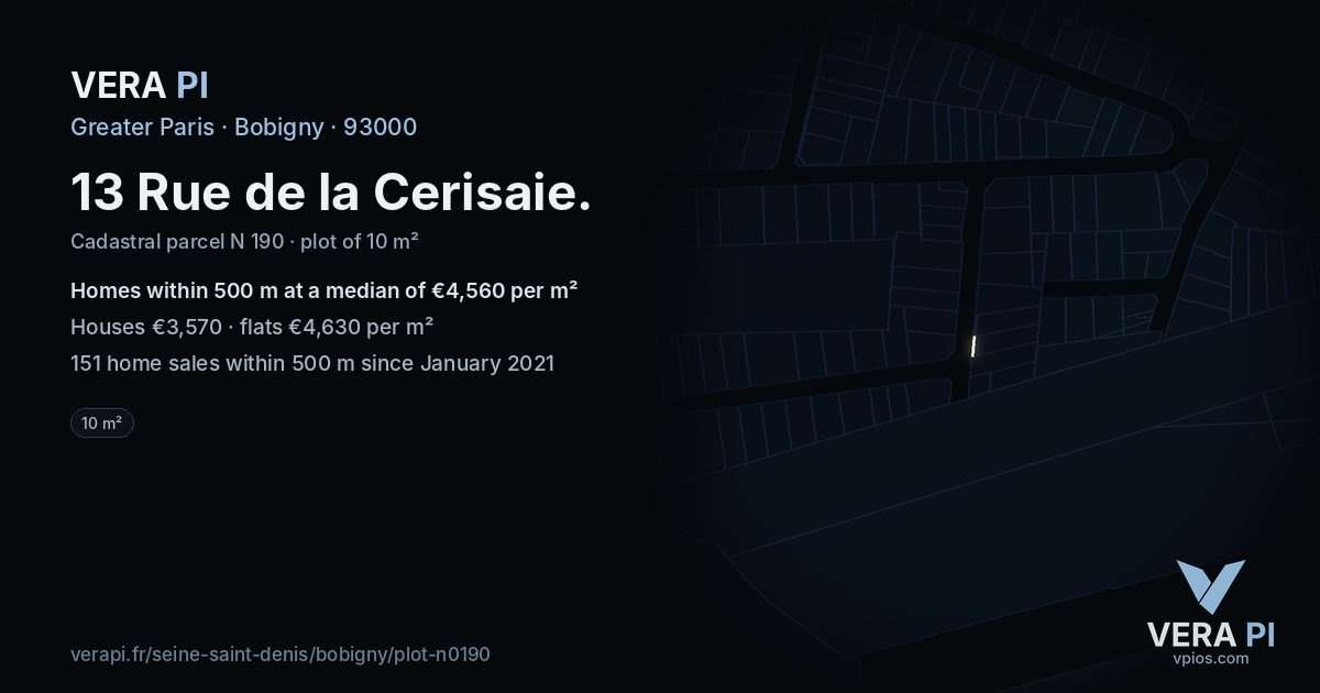 13 Rue de la Cerisaie, Bobigny at night – the plot lit, the parcels around coloured by the prices near them