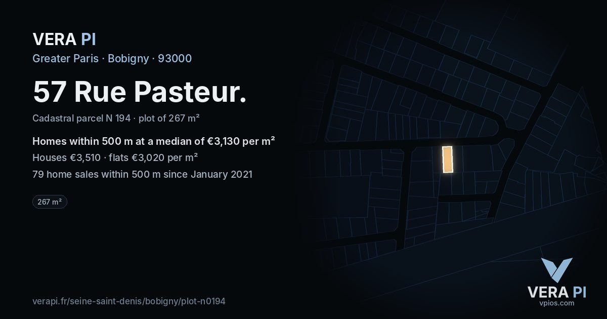 57 Rue Pasteur, Bobigny at night – the plot lit, the parcels around coloured by the prices near them