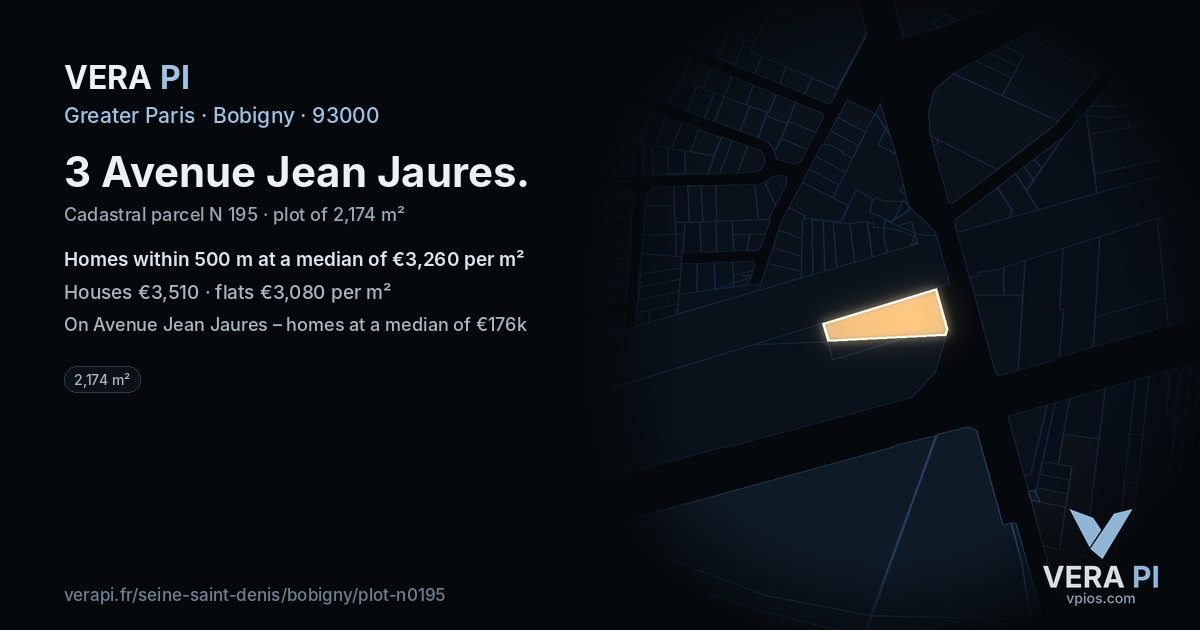 3 Avenue Jean Jaures, Bobigny at night – the plot lit, the parcels around coloured by the prices near them