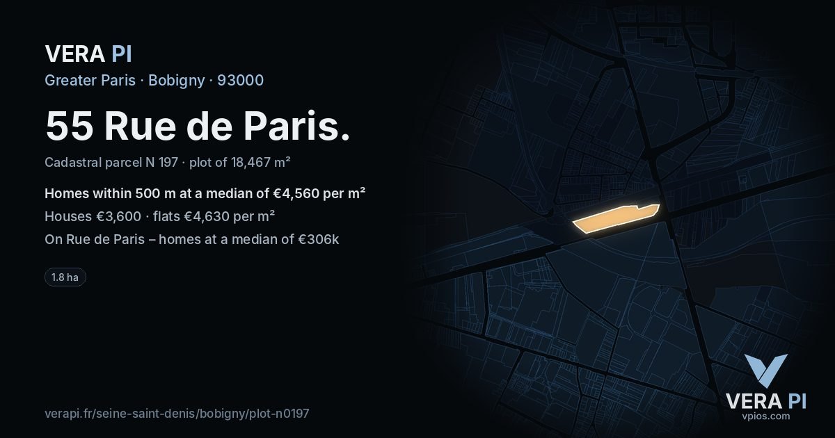 55 Rue de Paris, Bobigny at night – the plot lit, the parcels around coloured by the prices near them
