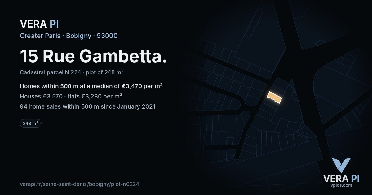 15 Rue Gambetta, Bobigny at night – the plot lit, the parcels around coloured by the prices near them