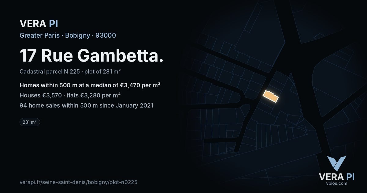 17 Rue Gambetta, Bobigny at night – the plot lit, the parcels around coloured by the prices near them
