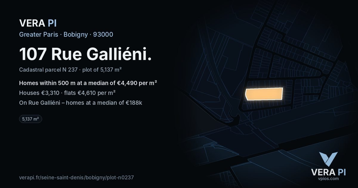 107 Rue Galliéni, Bobigny at night – the plot lit, the parcels around coloured by the prices near them