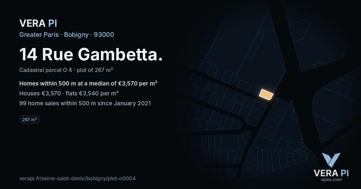 14 Rue Gambetta, Bobigny at night – the plot lit, the parcels around coloured by the prices near them