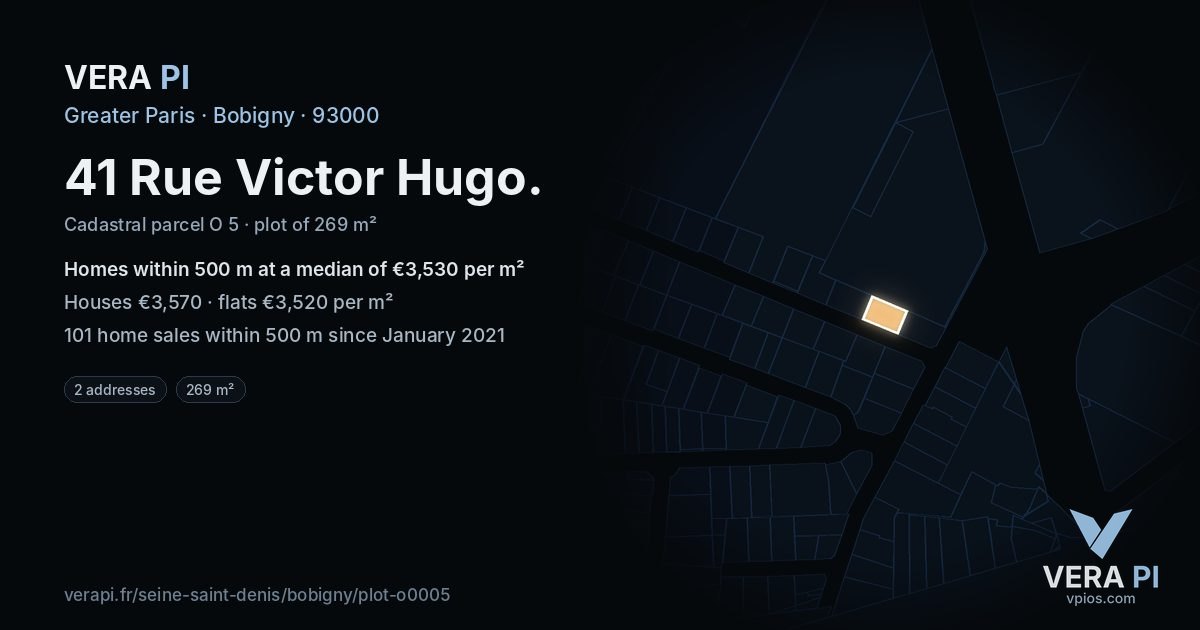 41 Rue Victor Hugo, Bobigny at night – the plot lit, the parcels around coloured by the prices near them