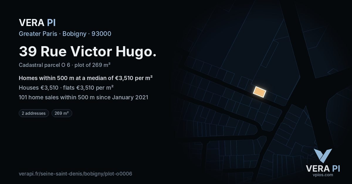 39 Rue Victor Hugo, Bobigny at night – the plot lit, the parcels around coloured by the prices near them