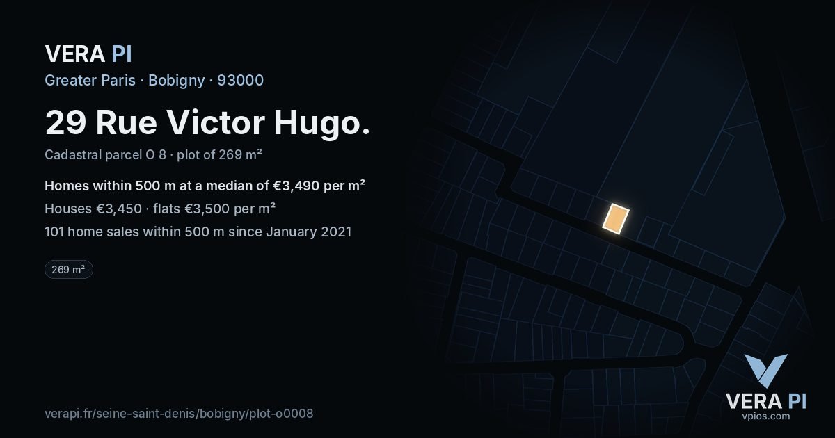 29 Rue Victor Hugo, Bobigny at night – the plot lit, the parcels around coloured by the prices near them