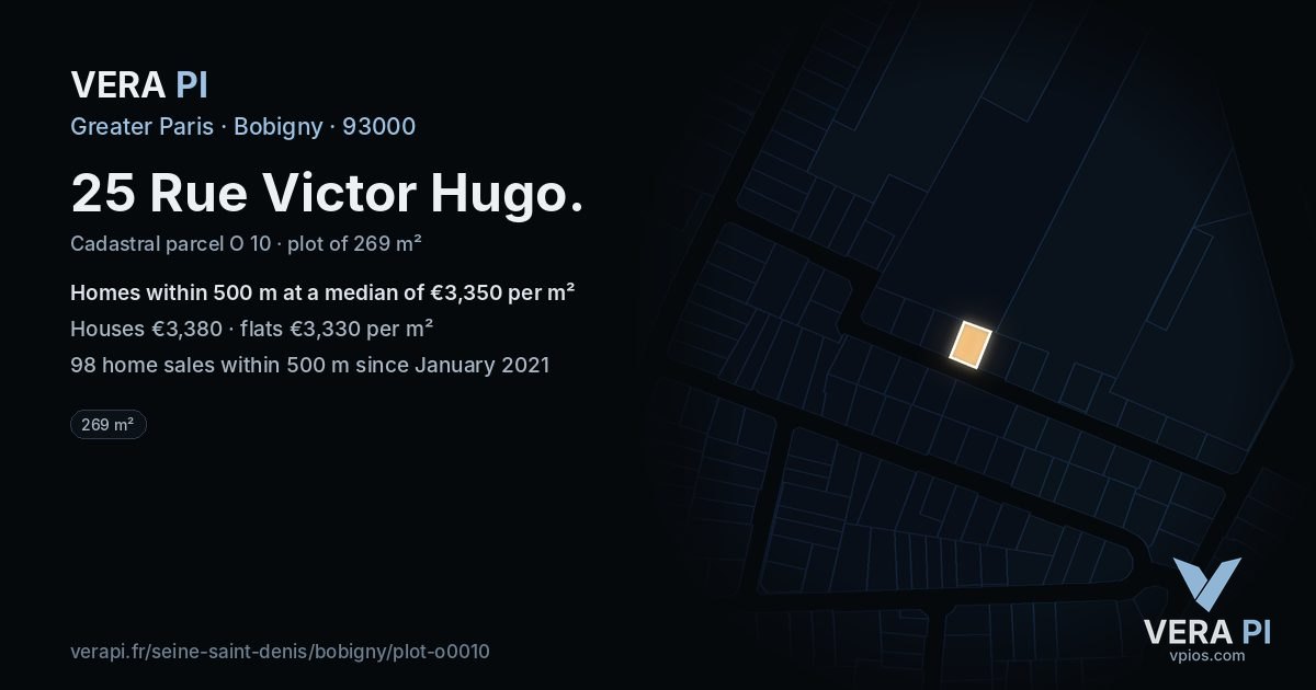 25 Rue Victor Hugo, Bobigny at night – the plot lit, the parcels around coloured by the prices near them