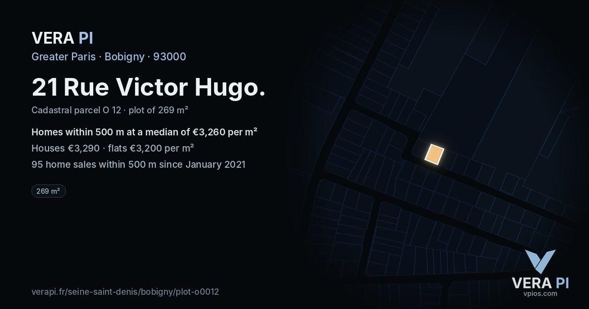 21 Rue Victor Hugo, Bobigny at night – the plot lit, the parcels around coloured by the prices near them