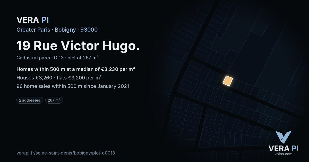 19 Rue Victor Hugo, Bobigny at night – the plot lit, the parcels around coloured by the prices near them